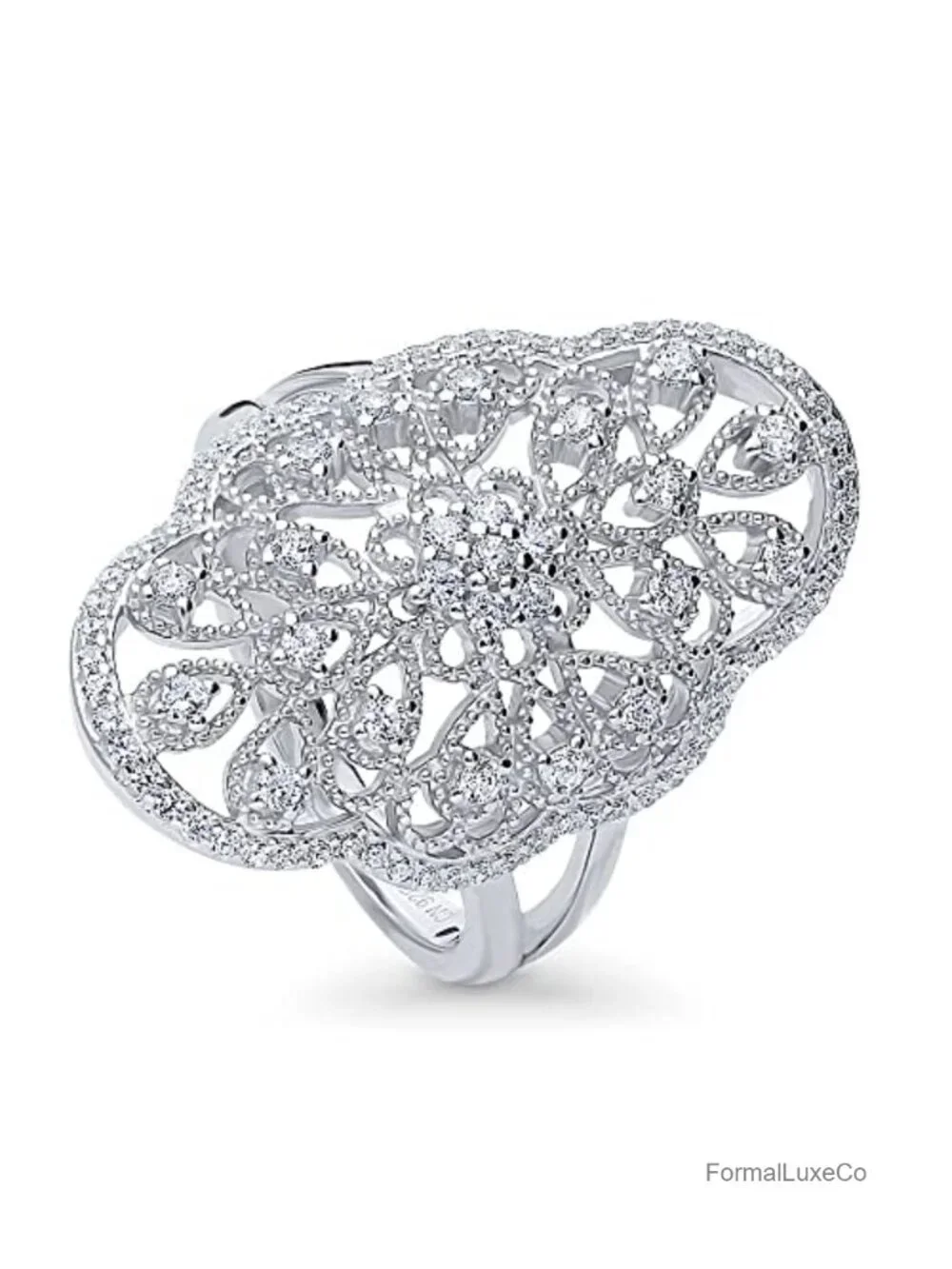 Sterling Silver Flower Navette Art Deco Filigree Statement Cocktail Ring Cubic